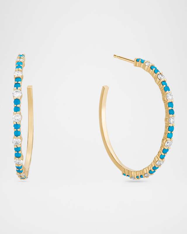 Small Turquoise and Diamond Hoop Earrings, 30mm